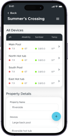 Amano app showing every pool and hot tub at one property with current readings
