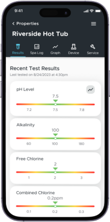 Amano app showing recent test results for pH, alkalinity, free chlorine and combined chlorine