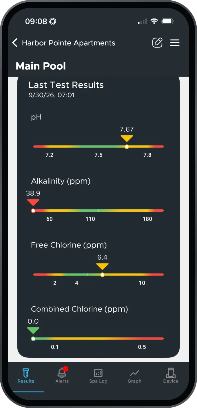 Amano app dashboard showing pool chemistry readings