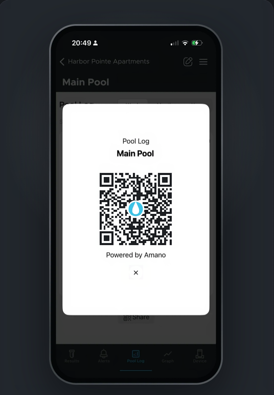Amano pool log share screen with a QR code for Main Pool