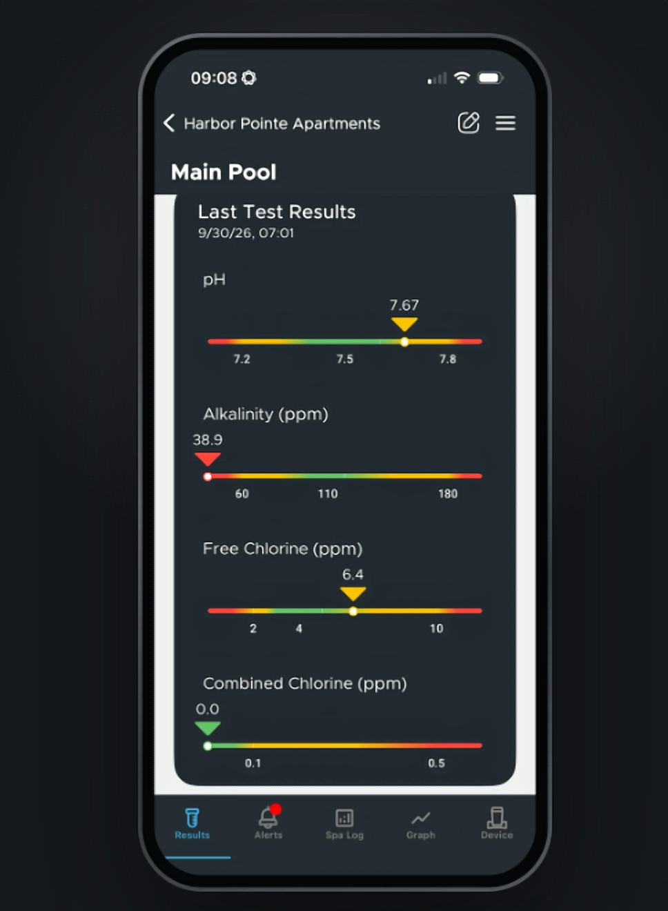 Amano app showing Main Pool last test results from 9/30/26 at 07:01, with pH, alkalinity, free chlorine and combined chlorine on range bars